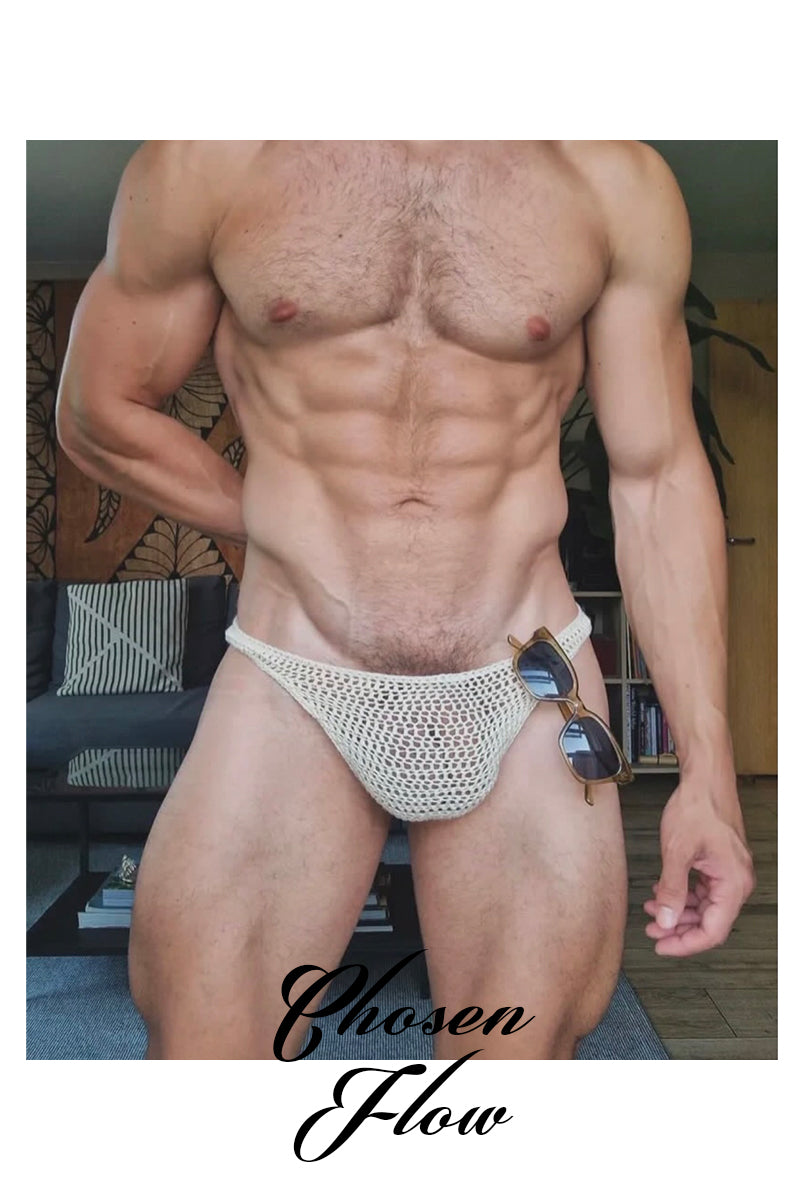 Chosen FLow｜Men’s Sexy Crochet Mesh Thong Underwear - One Size Vacation Beach Knit Briefs